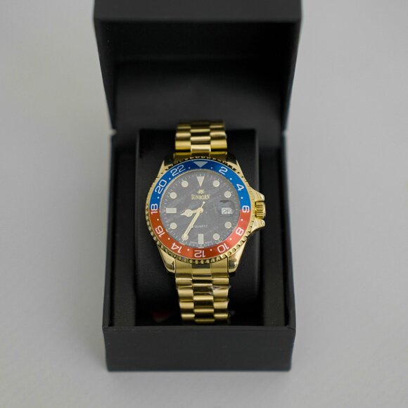 NEW SUNBORN Gold-Tone Men's Quartz Watch Red Blue Pepsi Bezel with Box and Tag - Picture 1 of 6